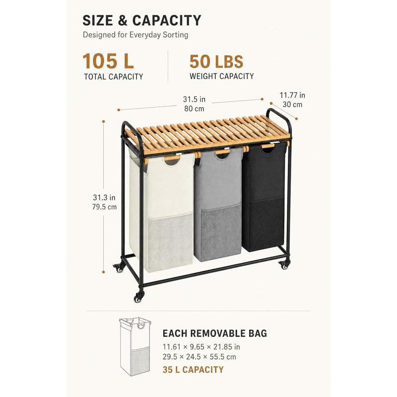 Panier à linge à roulettes, chariot de tri du linge à 3 compartiments de 105 L