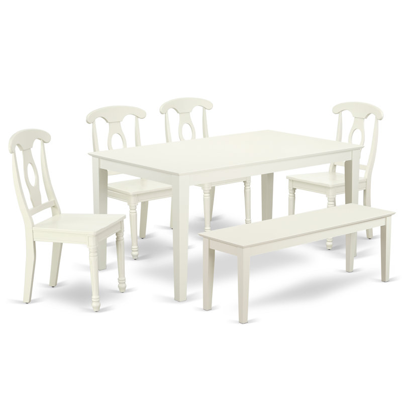 6 Piece Kitchen Table & Chairs Set Contains a Rectangle Dining Room Table and 4 Dining Chairs with a Bench, 36x60 Inch, Linen White