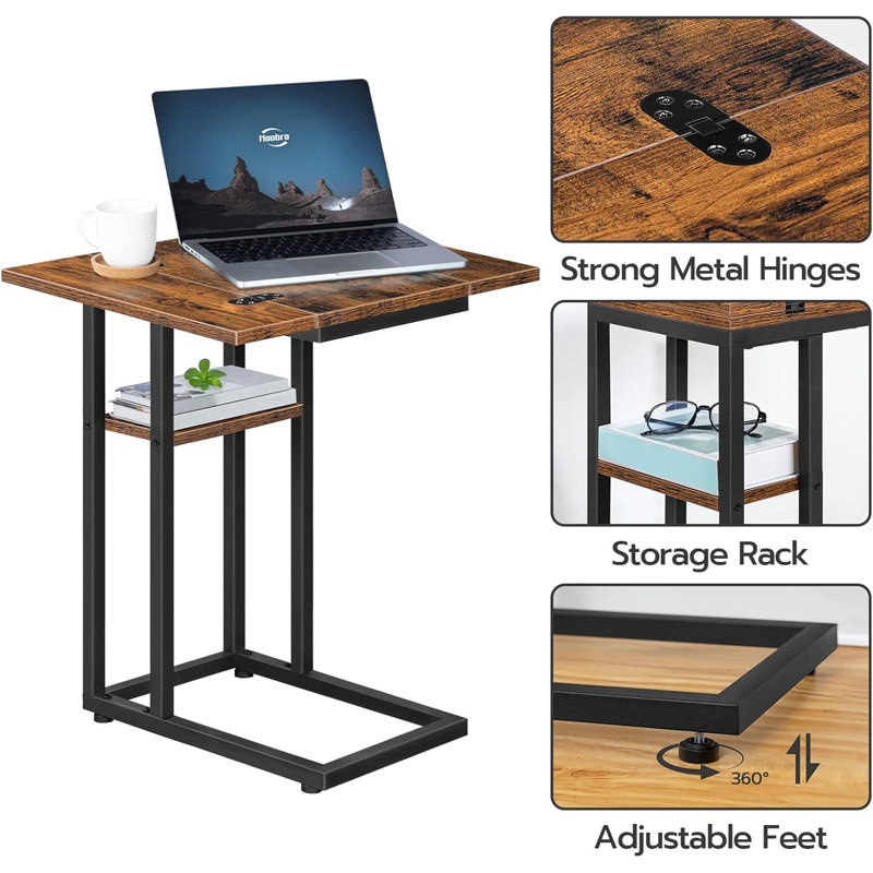 Foldable End Table C Shaped Side Table with Storage Shelf, Rustic Brown/Black