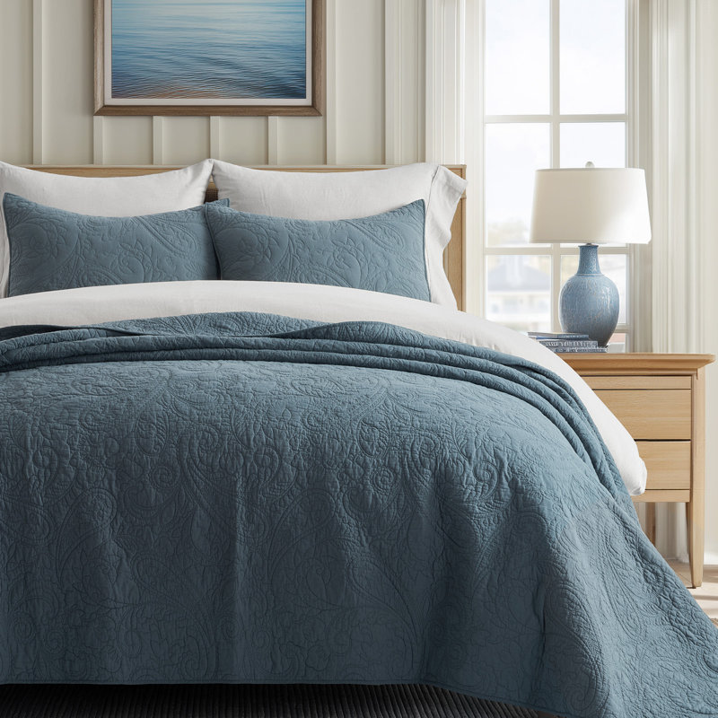 Paisley 100% Cotton Quilt Set 3 Pieces, Queen Quilt + 2 Standard Shams, Stormy Blue