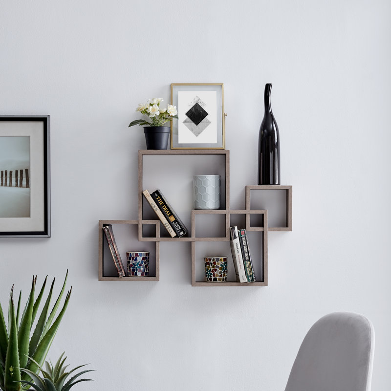 Étagère murale décorative en cubes entrecroisés, Chêne vieilli, 17,75" H x 25" L x 3,8" P
