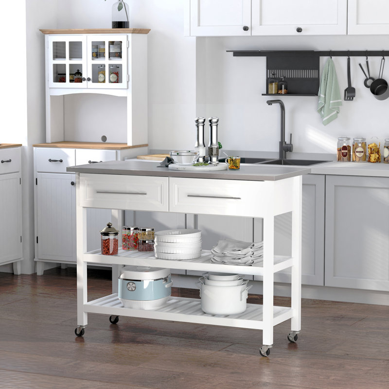 Kitchen Island with Stainless Steel Top, Open Shelves, and Drawers