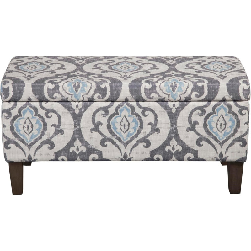 Large Upholstered Rectangular Storage Ottoman Bench With Hinged Lid, Slate Damask