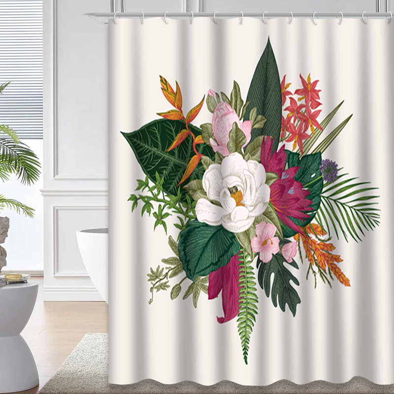 Rideau de douche imperméable à motif floral hibiscus tropical avec 12 crochets, L 72 po x l 84 po