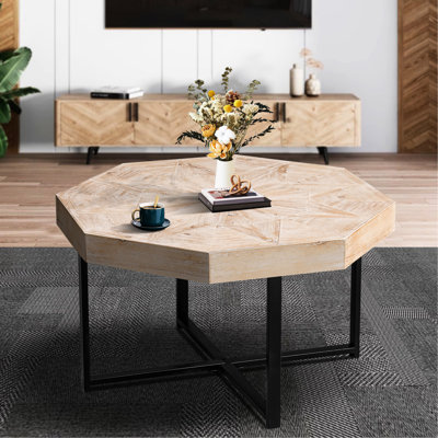 Table basse rétro en bois à patchwork octogonal, 30 pouces, pieds croisés en métal, assemblage et entretien simples, meubles de salon faciles à assembler et à entretenir,