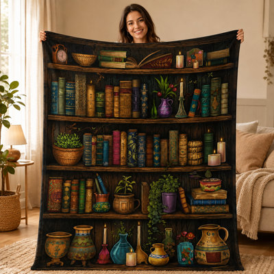 Vintage Bookshelf Throw Blanket with Antique Library Design, Dark Academia Flannel Blanket Featuring Classic Books Candles Plants and Rustic Decor, 30 x 40 in