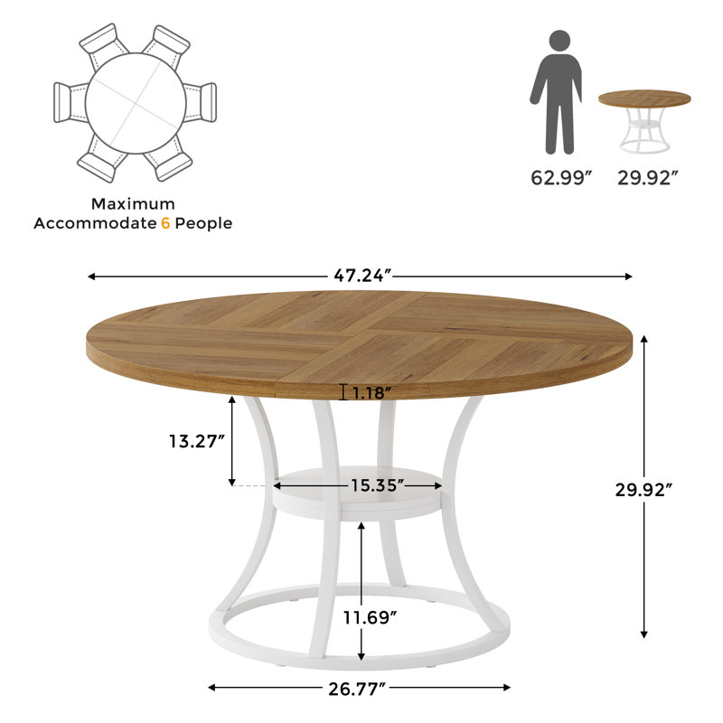 Round Dining Table for 4-6, 47 inch Wood Dining Room Table with Storage Shelf, Brown & White, No Chairs, White, Brown