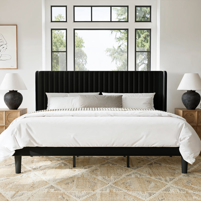 King Size Velvet Upholstered Platform Bed with Wingback Headboard and Wooden Slats, King, Black