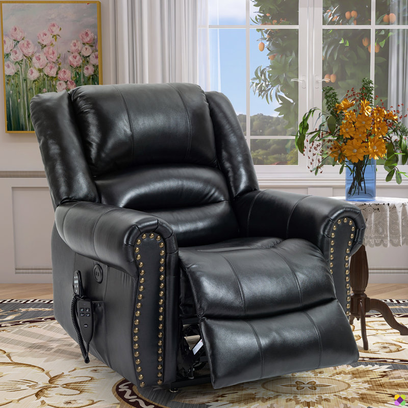 Annettia Oversize 40.15" W 180° Flat Lay Lift Power Recliner, Genuine Leather Match Massage Heater, Black Leather Match