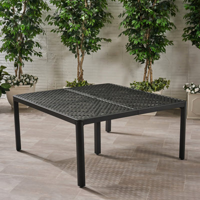 Table de salle à manger en aluminium avec texture tissée, ton antique noir mat, support en fonte, style extérieur 59,44 x 28,23, apparence, stable