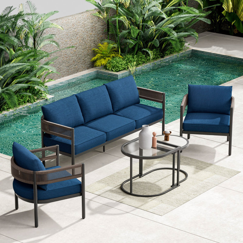 Maine Defino 5 Piece Steel Wicker Seating Group With Sofa And Cushions, Peacock Blue