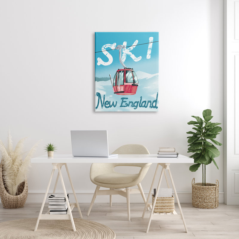 «Ski New England Red Winter Trolly Mountains», art texturé sur giclée sur blanc encadré par Ziwei, Toile tendue