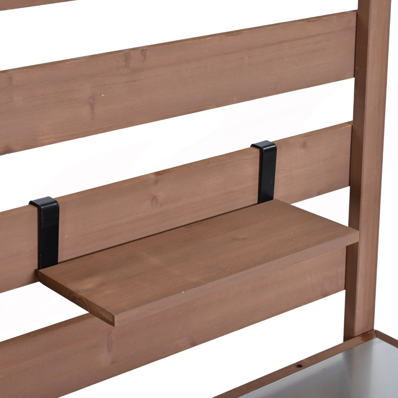 Grand îlot de cuisine sur roulettes, chariot de cuisine avec évier, banc de rempotage avec plateau en acier inoxydable, Brun