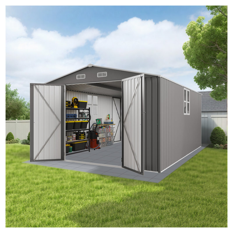 Remise de rangement extérieure en métal 10 x 14 pi avec trois portes verrouillables, remise de jardin en acier galvanisé durable pour l'équipement de jardin, de patio et de pelouse