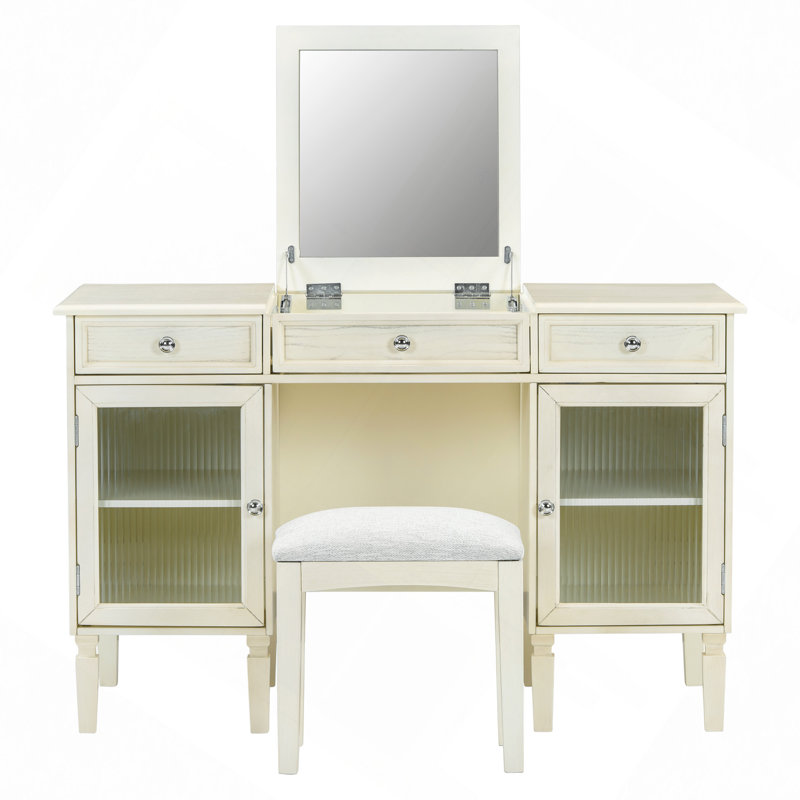 Bureau de coiffeuse 2 en 1 avec miroir rabattable, coiffeuse avec tiroir et armoire, bureau d'ordinateur multifonctionnel pour bureau, vestiaire, chambre à coucher, salon