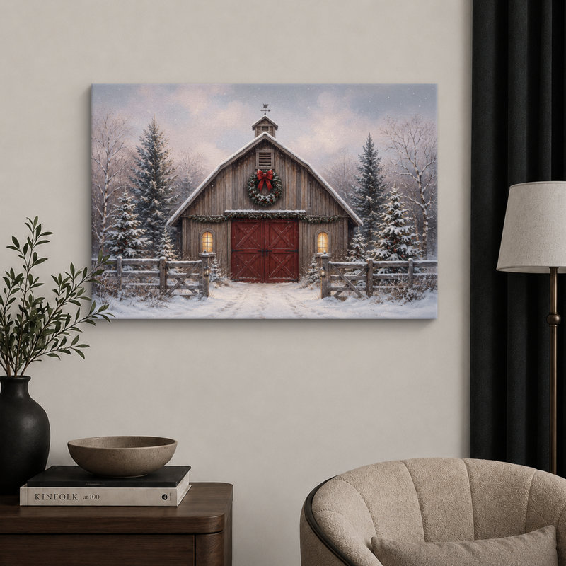 Illustration de grange de Noël porte rouge rustique, H 32 po x l 48 po x P 1,5 po, Toile tendue