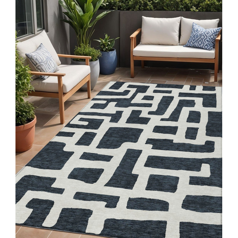 Tapis extérieur lavable abstrait noir et ivoire 5 pi x 8 pi