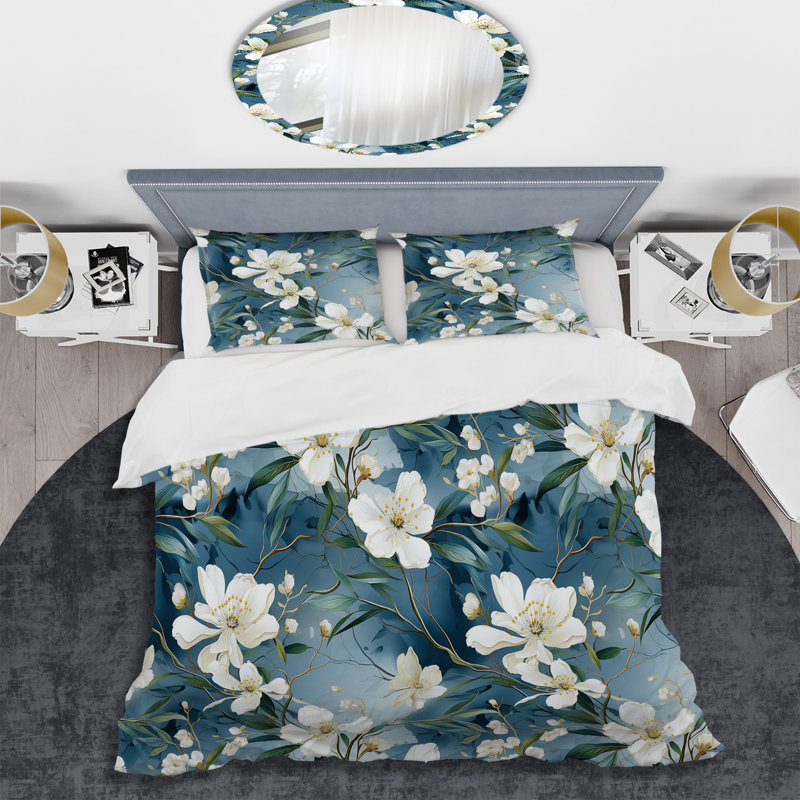 Ensemble de housse de couette en marbre blanc et bleu Huzefa Magnolias, Housse de couette pour grand lit et 2 taies décor