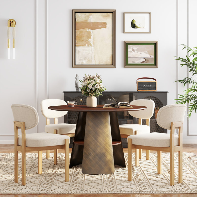 Modern Round Dining Table Set (47.25 Inches), Storage Pedestal MDF Table + Chenille-Upholstered Dining Chairs, Premium Rubberwood Frame, Versatile Dining Set For Home, Restaurants, And Small Spaces