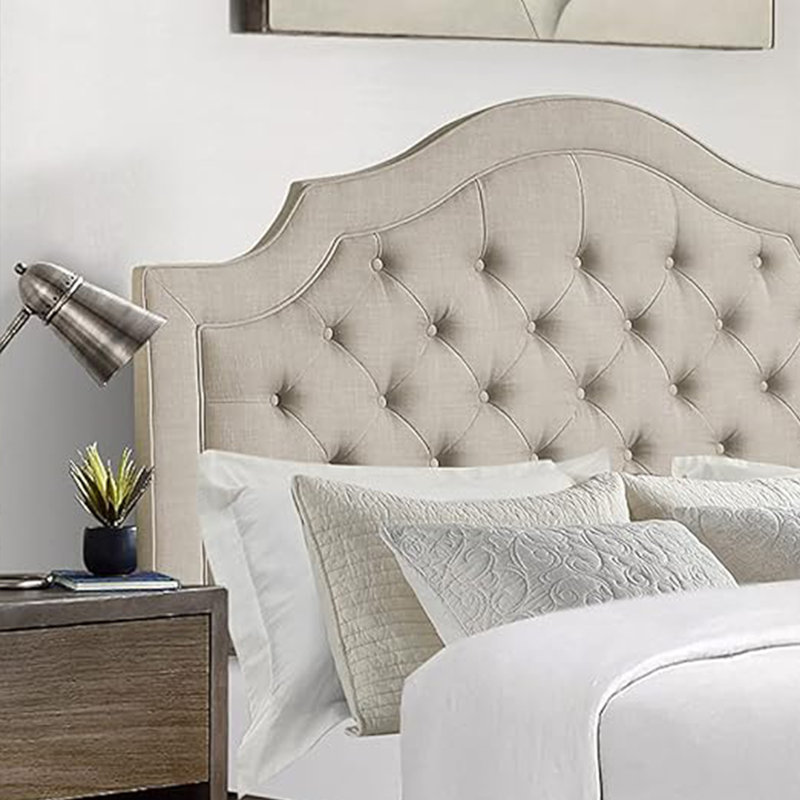 Linen Upholstered Bed with Adjustable Headboard and Button Tufting, Beige, King