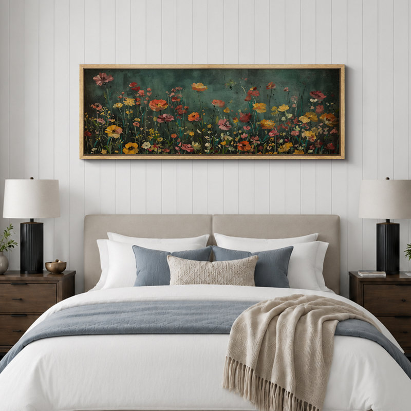 Moody Green Wildflower Florals Modern Decor, très grandes photos, impression sur toile encadrée, H 20 po x l 60 po, Naturel