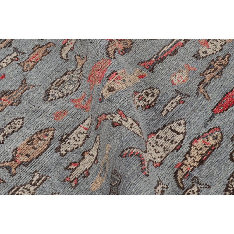 Rug & Kilim's Mid-Century Rug In Blue With Colorful Fish Pictorials, Rectangle 9' x 12'