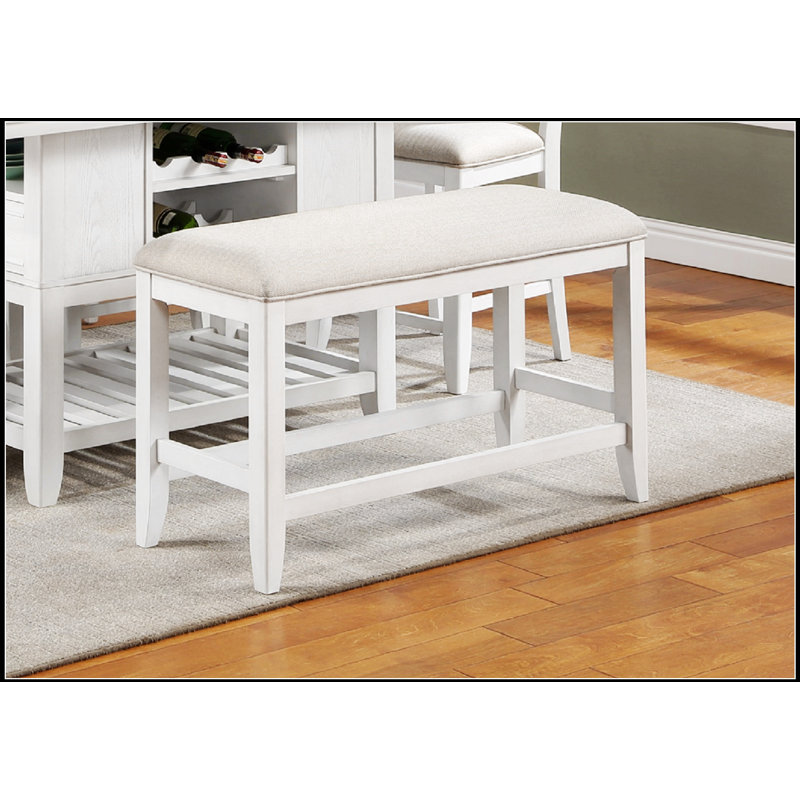 1Pc Transitional White Finish Fabric Upholstered Counter-Height Dining Bench, White/Beige