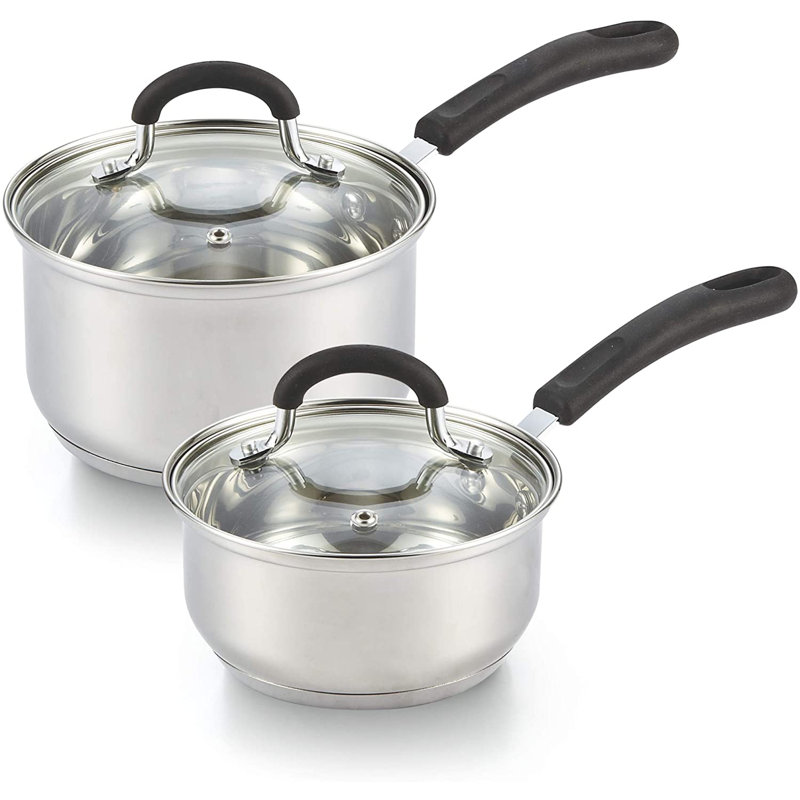 Ensemble de casseroles en acier inoxydable avec couvercle Cook N Home 1 et 2 pte, pots à lait compatibles avec induction, poignée en silicone Stay-Cool, batterie de cuisine 18/10 polie miroir, va au lave-vaisselle et au four, argent