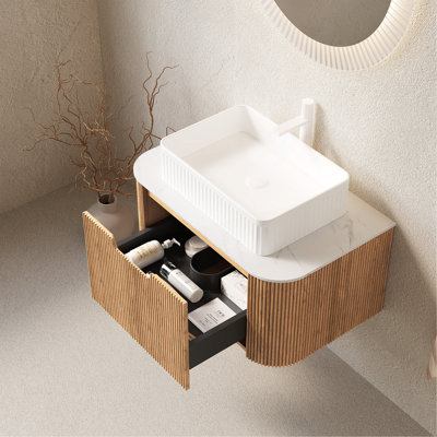 Meuble-lavabo de salle de bain 30 po avec lavabo, armoire de rangement de salle de bain à bordures courbes et flottantes avec tiroir, lavabo rectangulaire en céramique blanche, sans robinet, grain de bois naturel pré-assemblé