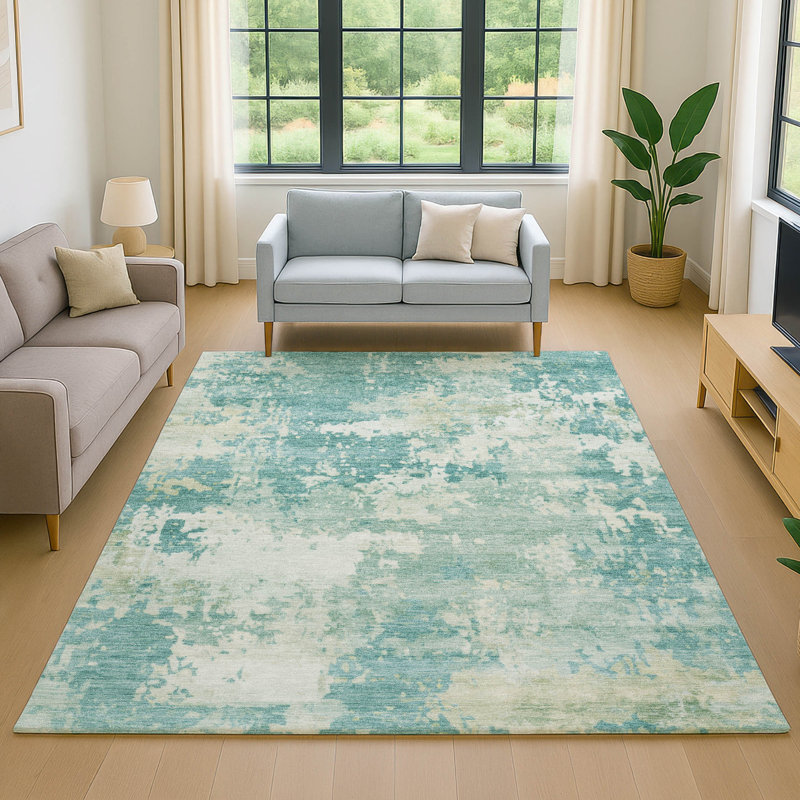 Premium Machine Washable Mayfield AMF2142 abstract Rug, Teal, 3' x 5'
