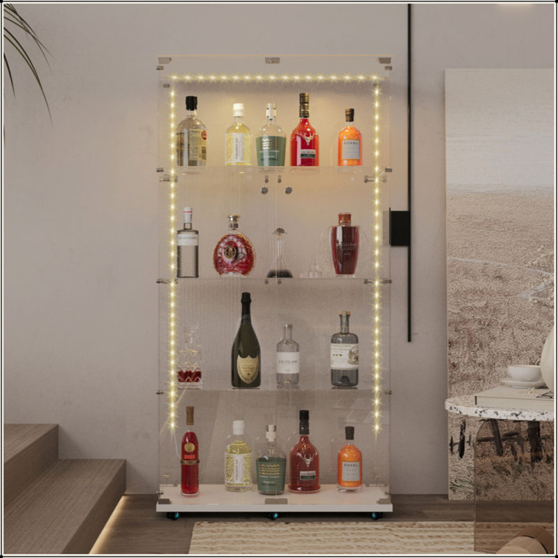 Tempered Glass Display Cabinet,Wine Cabinet, Storage Cabinet,File Cabinet,With Bluetooth LED Strip,Can Be Controlled By Remote Control Or Mobile APP,Swivel Casters,Can Be Placed Anywhere