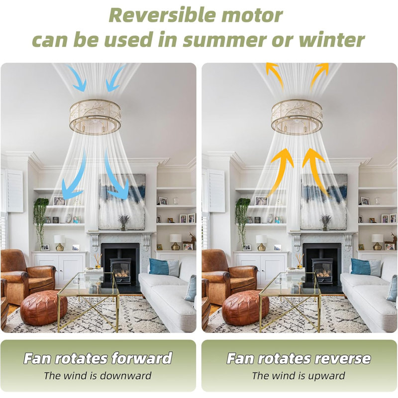 20" Caged Crystal Ceiling Fan With Light, Gold Flush Mount Ceiling Fans With Lights Remote Control, Enclosed With 6 Speeds For Bedroom, Living Room, Nursery