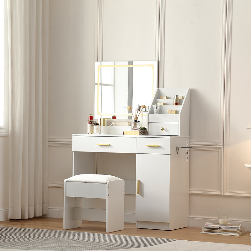  Vanity Desk With 3 Colors Led,Power Outlet and makeup organizer,makeup table with comfy chair and hair-dryer holder, white