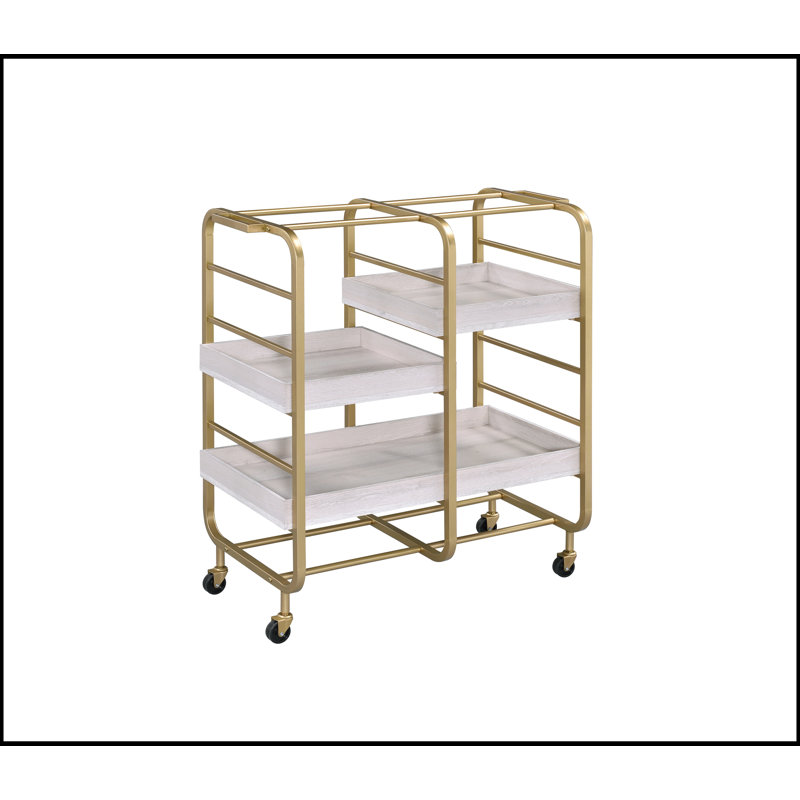 Vorrik Gold & Washed Finish Serving Cart with Adjustable Trays and Caster Wheels for Easy Mobility