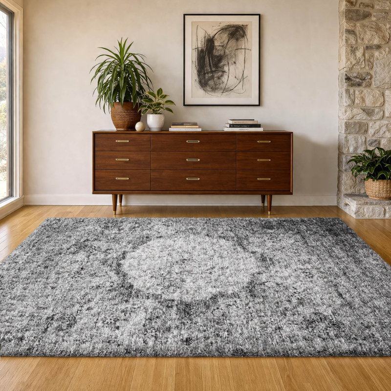 Tapis oriental à poil long de qualité supérieure lavable à la machine ADS675, Gris, 8 pi x 10 pi