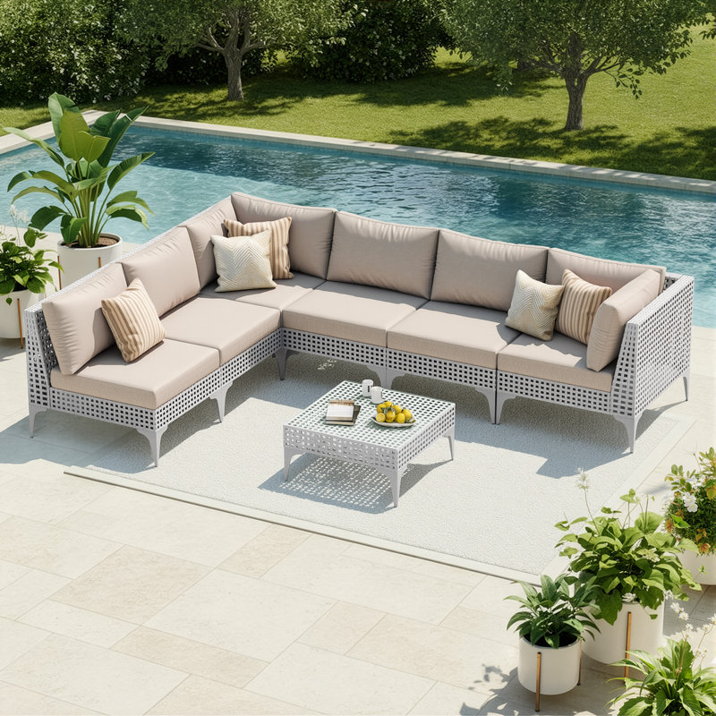 Ensemble de conversation modulaire en osier pour 6 personnes, ensemble de conversation modulaire d'extérieur avec table basse et coussins