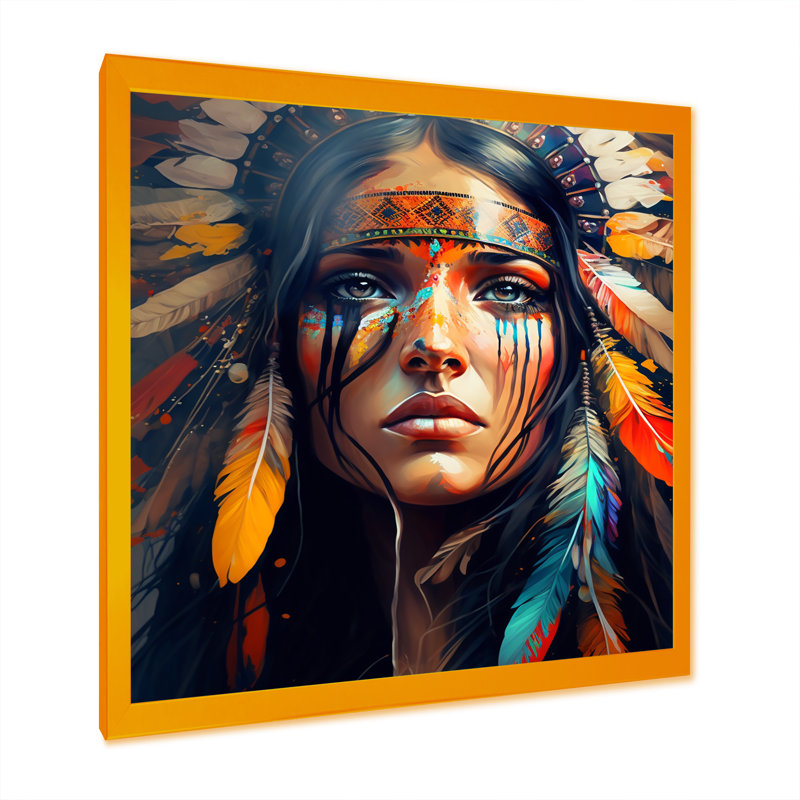 «Colorful Native American Woman VI», art mural femme bohème, H 36 po x l 36 po, Toile avec cadre photo, Doré