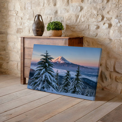 Canvas A Serene Winter Landscape Featuring A Majestic Snow Capped Mountain Wall Art In The Background Illuminated By Soft Morning Canvas Wall Art