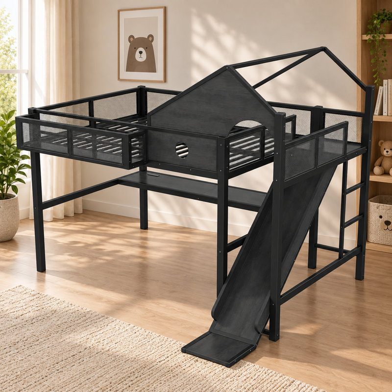 Lit mezzanine en métal (taille standard) avec glissade, bureau, étagères de rangement, ports USB et éclairage DEL