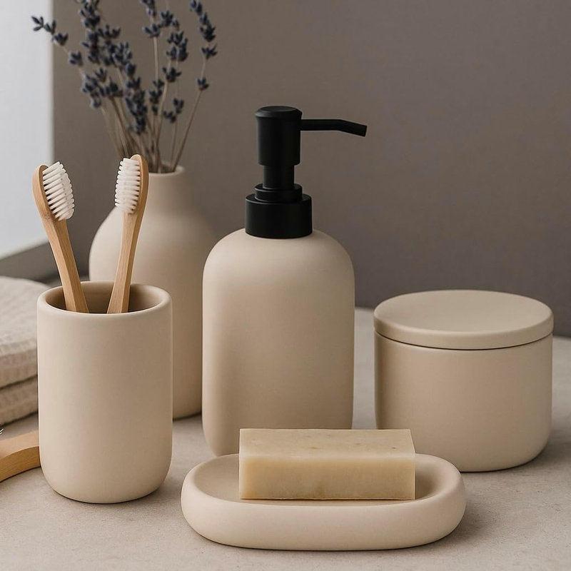 Ceramic Bathroom Accessories Set 4 Pcs – Modern Scandinavian Neutral Bathroom