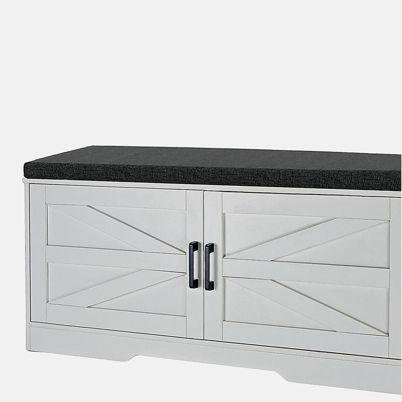 Banc de rangement à 2 niveaux, banc à chaussures avec coussin de siège rembourré, banc d'entrée avec 2 portes de grange et 2 tablettes réglables