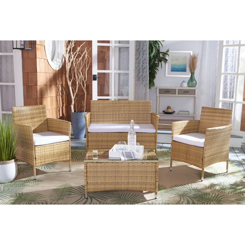 Hokendauqua 4 - Person Patio Conversation Set with Cushions, Natural Frame/White Cushion