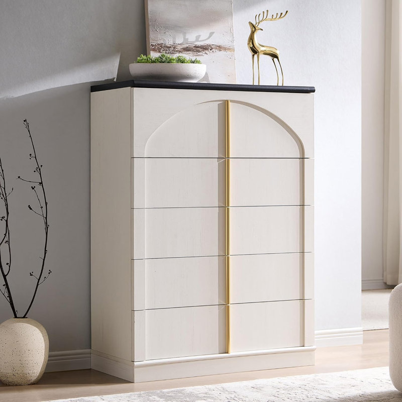 Commode 5 tiroirs pour chambre à coucher avec panneau arqué Modern, Blanc