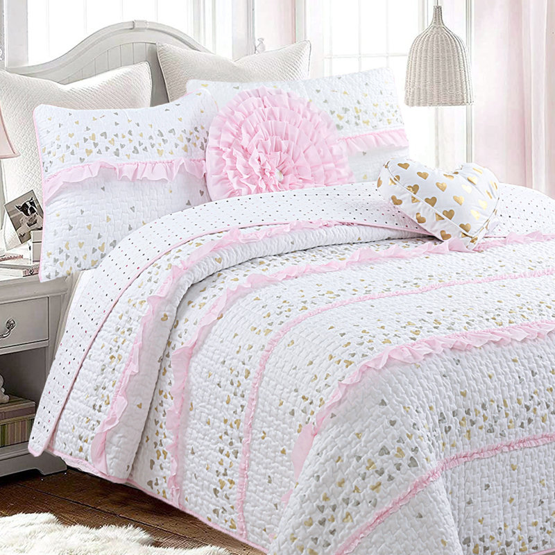 Sweet Heart Polka Dot Pink Ruffle Cotton Quilt Bedding Set With Decor Throw Pillows, Twin Quilt + 3 Additional Pieces