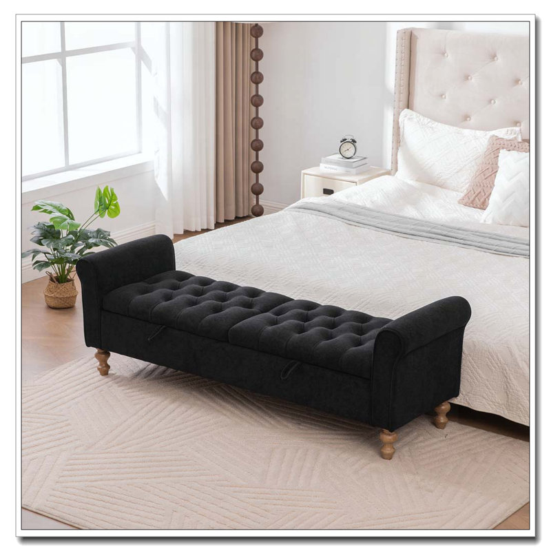 Banc de rangement rembourré moderne de 65,75 po de largeur avec double couvercle, Noir