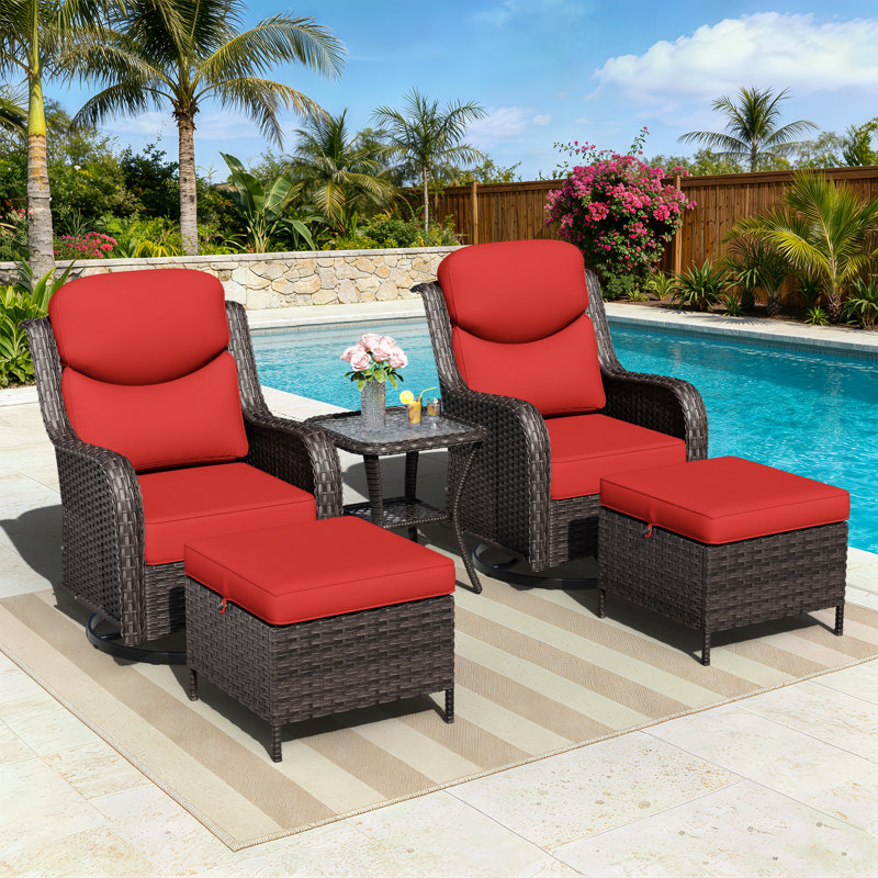 Adcox 2-Person Outdoor Patio Conversation Rattan Seating Group With 2 Ottomans,2 Swivel Chairs and Red Cushions, Red