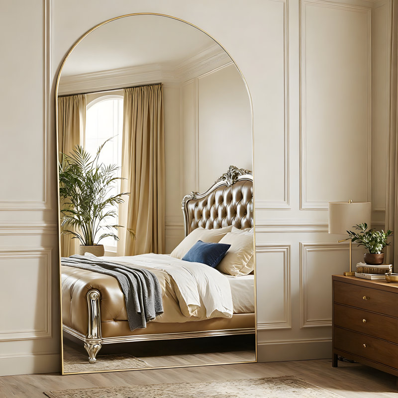 Large Oversized Arched Floor Mirror With Stand, Wall Mirror, Gold, 81" x 41"