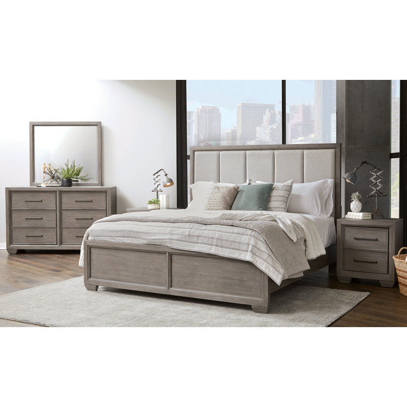 Ennesley Gray Wood Queen Bedroom Set with Upholstered Panel Bed