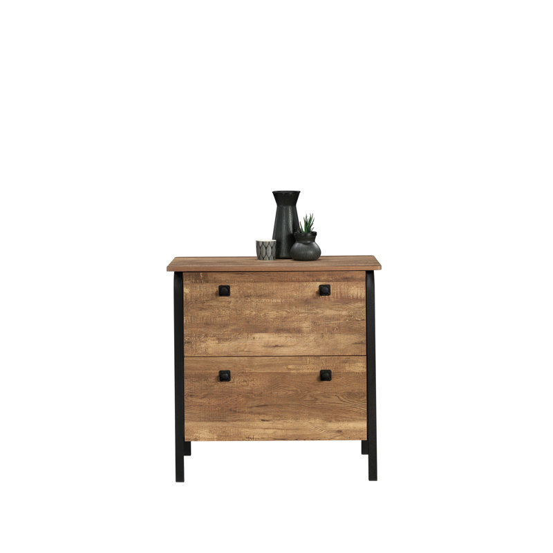 Classeur latéral avec finition, conception audacieuse avec des courbes douces, idéal pour le rangement de bureau à domicile, dossiers à lettres et légaux à tiroirs lisses, structure en métal texturé brun, verrouillage, peu encombrant, assemblage rapide