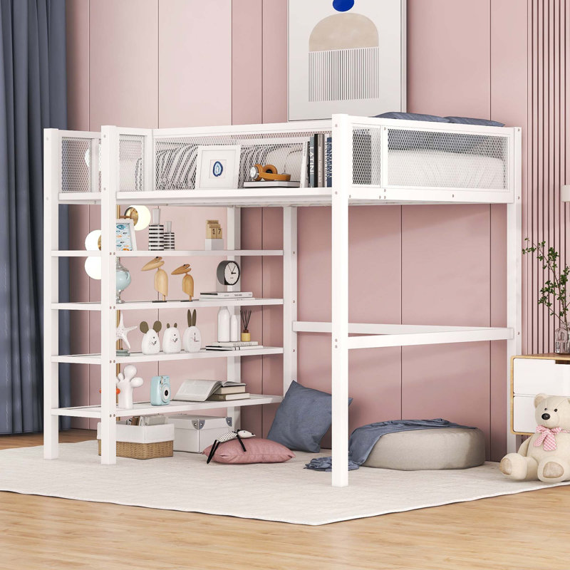 Lit mezzanine en métal avec tablettes à 4 niveaux et rangement, Simple, Blanc